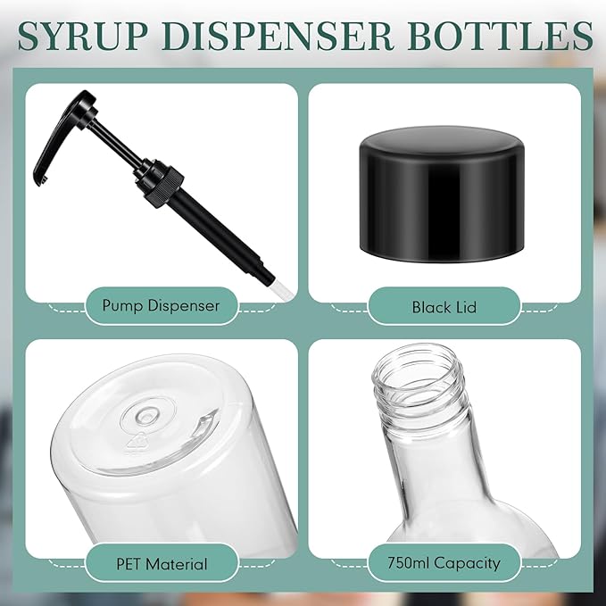 Maxdot 6 Pcs 25 oz Syrup Bottles with Pump Long Neck Bottles Plastic Syrup Pump Dispenser for Coffee Bar Accessories Home Party