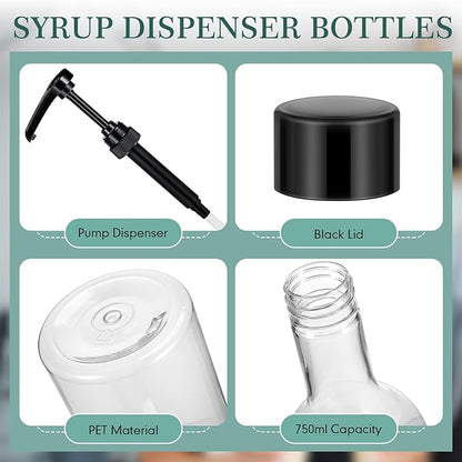 Maxdot 6 Pcs 25 oz Syrup Bottles with Pump Long Neck Bottles Plastic Syrup Pump Dispenser for Coffee Bar Accessories Home Party