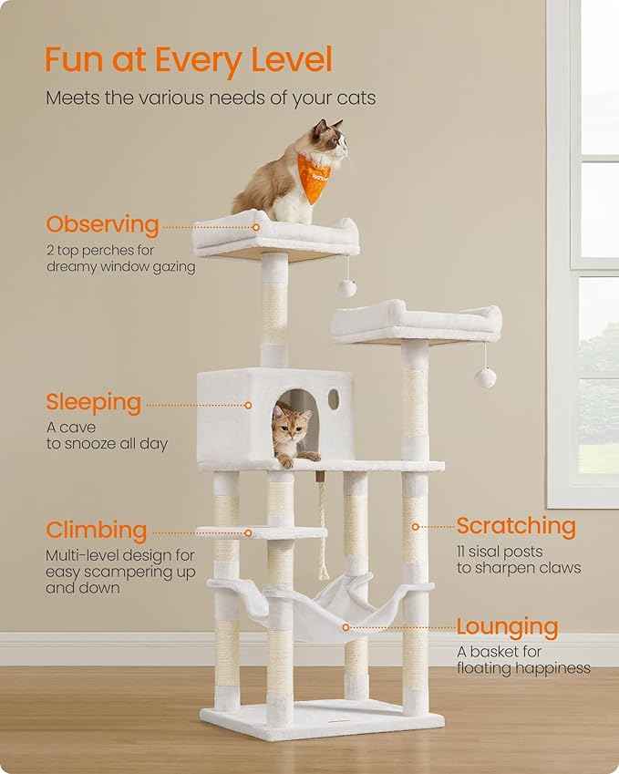 Feandrea Cat Tree, 56.3-Inch Cat Tower, Multi-Level Plush Condo with 11 Scratching Posts, 2 Perches, Hammock, Cave, Cream White UPCT015W02