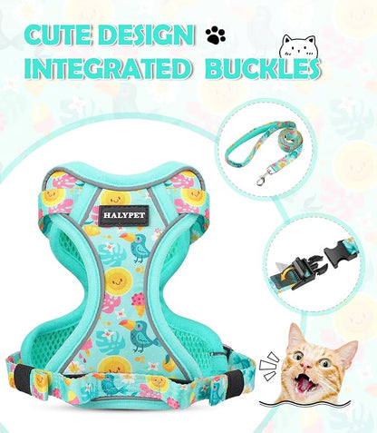 Halypet Cat Harness and Leash Set[MAX Safety 4th-Gen] Cute Escape Proof Vest Harness for Girl&Boy Cat Walking, Comfortable Adjustable Leash and Reflective Strips for Outdoor Kitten, S Green Tropics