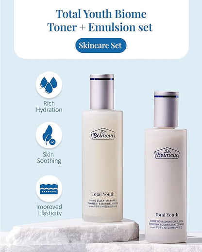Dr. Belmeur Total Youth Biome (Skincare Set, 12.2fl oz) - Premium Total Age-Defying Toner + Emulsion Set for Wrinkles, Elasticity, Hydration & Skin Tone. Korean Skin Care by LG Beauty. Collagen,