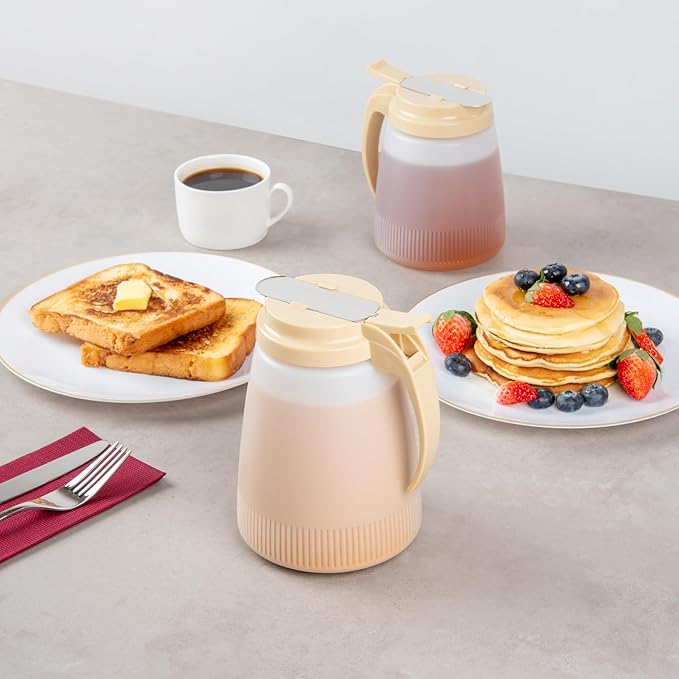 Restaurantware-Chef 101 48 Ounce All Purpose Syrup Dispensers, 10 Honey Dispensers - Beige Top, Stainless Steel Slide Cover, Plastic Pancake Syrup Bottle, Perfect For Diners, Restaurants, Home