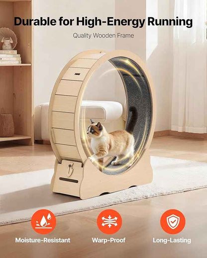 VEVOR Cat Exercise Wheel, 48 in Wooden Cat Running Wheel for Indoor Cats up to 28 lbs, Cats Treadmill with Carpeted Runway & Locking Mechanism, Quiet Roller Kitten Sport Toys for Pets Fitness & Health