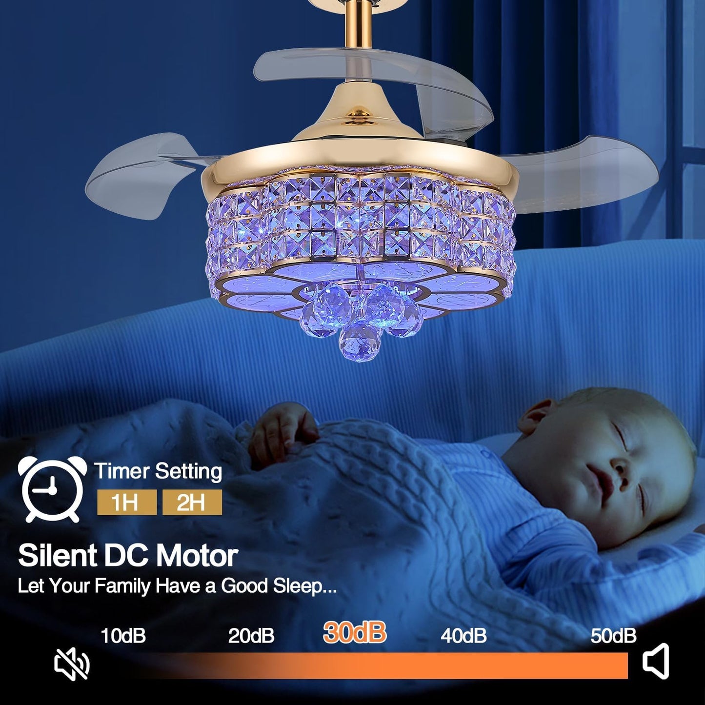 Zynfandor 30 Rgb Retractable Crystal Ceiling Fan With Light Dimmable Bluetooth Chandelier Fan, 6-Speed Timer, App Remote Control