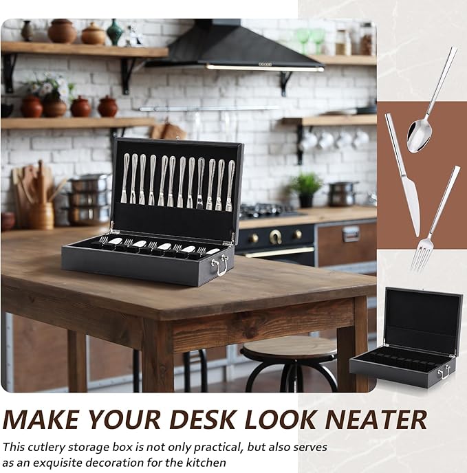 Leather Silverware Storage Box Flatware Storage Case with Felt Lined Leather Flatware Chest Silverware Organizer with Lid for Tableware Utensils Silver(1 Layer)