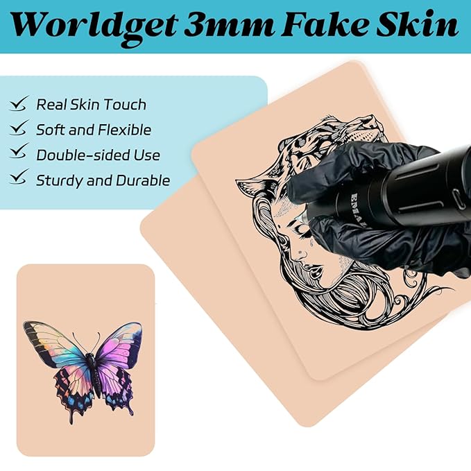 10Pcs Fake Skin for Tattoo - Worldget Tattoo Practice Skin 7.4"x5.6", Double Sided 3MM Silicone Tattoo Skins for Beginners and Professional Tattoo Artists