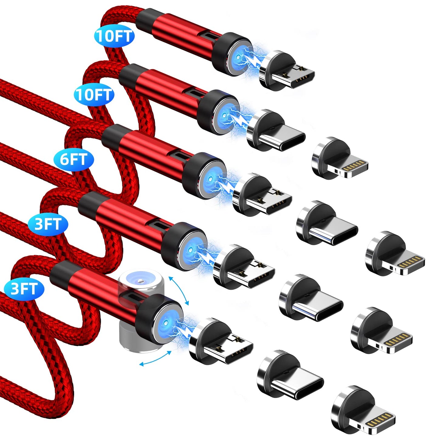 5-Pack Magnetic Charging Cable [3/3/6/10/10Ft] 3 In 1 Magnetic Phone Charger 360&180 Rotating Cable With Led Light Nylon Braided