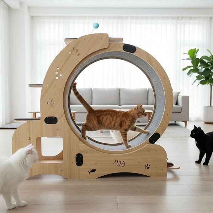 55" cat Wheel，cat Wheels for Indoor Cats，with Cat Bed, Scratching Board, Detachable Mat, Climbing Frame, Nest & Toys,6 in 1 Large Cats Treadmill，for Running/Walking/Training