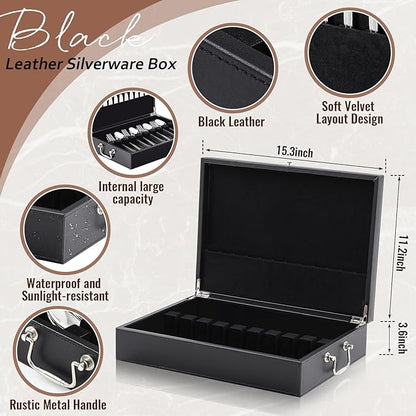 Leather Silverware Storage Box Flatware Storage Case with Felt Lined Leather Flatware Chest Silverware Organizer with Lid for Tableware Utensils Silver(1 Layer)