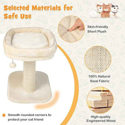 Tangkula Cat Tree for Indoor Cats, 2-Tier Cat Tower with Top Perch & Sisal Scratching Panel & Jingling Fur Ball Toy, Cozy Cat Bed with Scratching Post, Modern Small Kitten Activity Center (Beige)