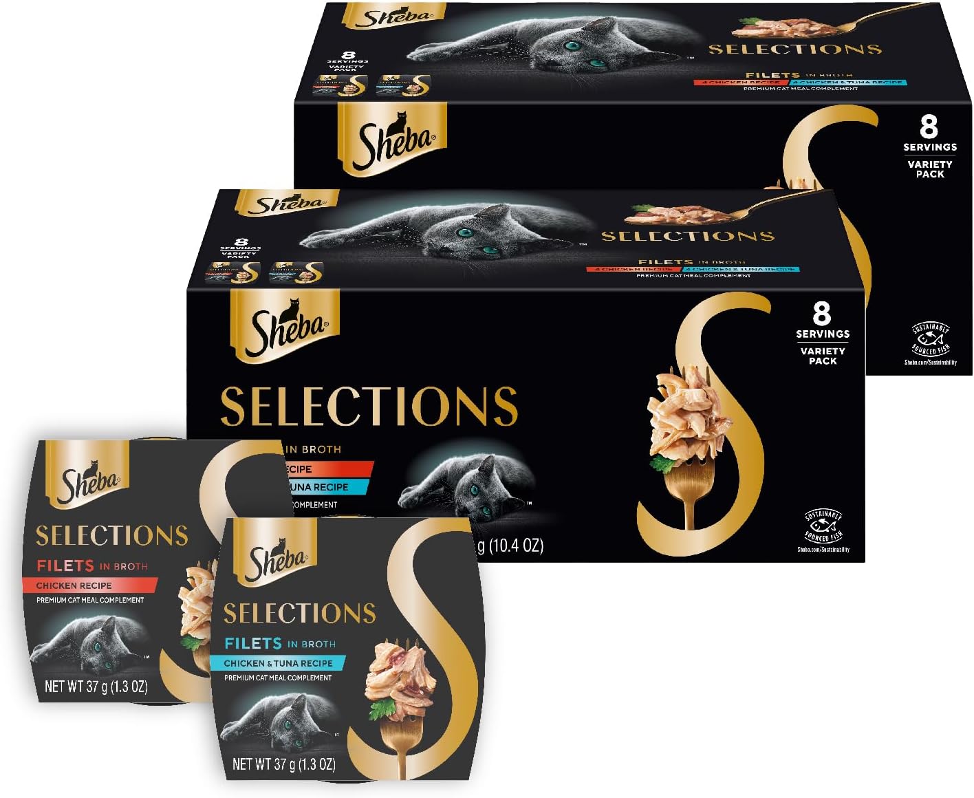 Sheba Selections Filets in Broth Adult Wet Cat Meal Complement Chicken or Tuna Recipe, 1.3 oz. Cups, 8 Count (Pack of 2)