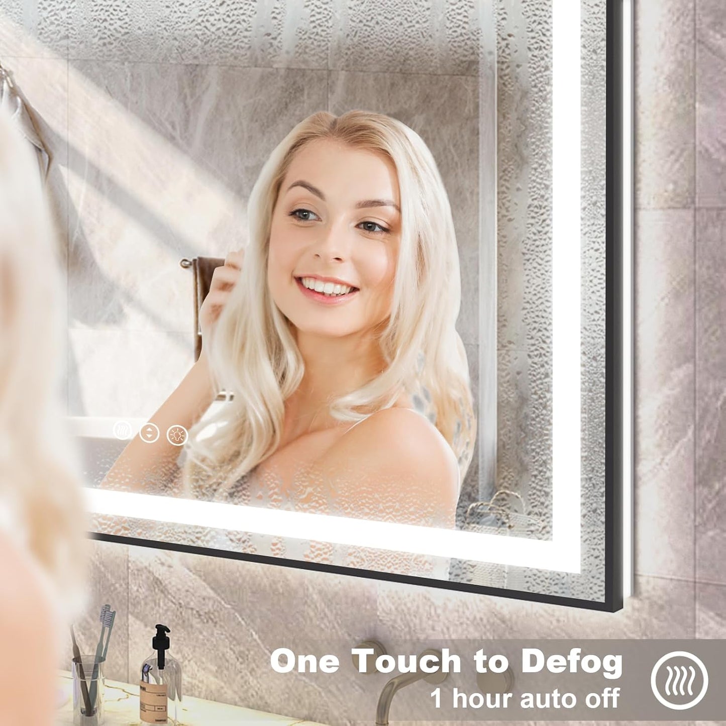 OKPAL 28x32 LED Bathroom Mirror with Lights, Black Lighted Mirrors for Bathroom Wall, Front and Backlit, Anti-Fog, Dimmable, Shatterproof, 3 Colors, Memory, Horizontal/Vertical