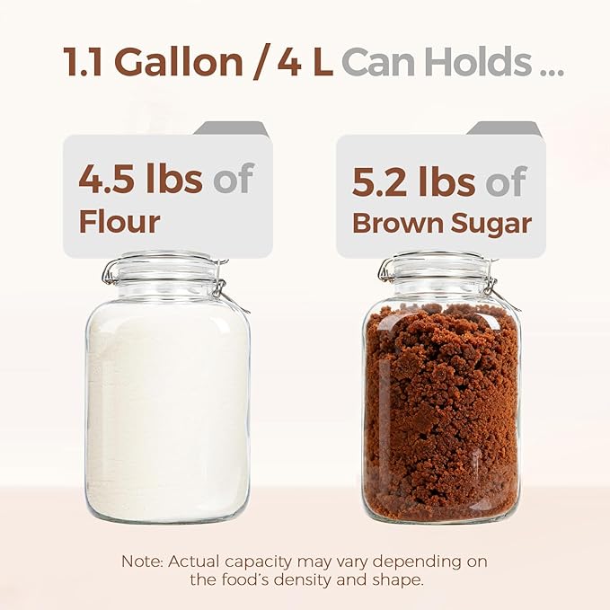 ComSaf 1.1 Gallon Glass Jar with Lid, Flour Sugar Storage Containers 4L, Cereal containers storage, Glass Jars with Airtight Lid, Large Storage Containers with Lids for Pickled Egg, Herb, Set of 2