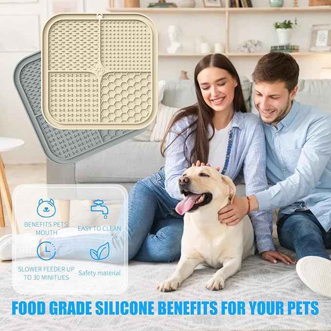 Lick Mat for Dogs, Premium Lick Pad with Suction Cups for Dog Anxiety Relief, Slow Feeder Dog Bowls, Bathing, Grooming and Training (Beige, Grey, 2pack)