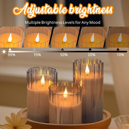 Ledholyt Rechargeable Flameless Candle, Flashing Led Pillar Real Wax Candle With Remote Control And Timer, Grey Stripes Glass El