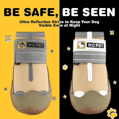 Hcpet Dog Shoes for Large Dogs, Waterproof Dog Booties for Small Medium Dogs, Anti-Slip Dog Boots & Paw Protectors for Hot Pavement Winter Snow Hiking with Reflective Straps Khaki Size 4