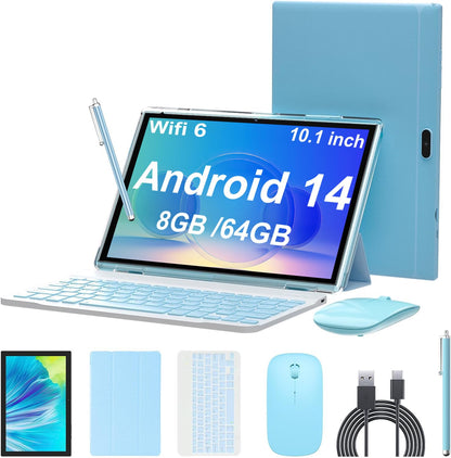 Android 14 Tablet, 10 Inch 8Gb Ram+64Gb Rom+1Tb Expand, 1.8Ghz Quad-Core Processor, 2 In 1 Tablets With Keyboard/Mouse/Case/Styl