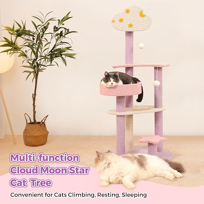 Moon Star Cat Tree, 47 in Tall Cat Cloud Tower with Cattery Sisal Scratching Post, Pink Purple Kittie Condo Cozy Fluffy 3 Pillars Kitten Tree for Small Meduim Cats Climbing Indoor Activity