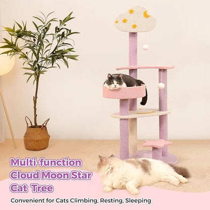 Moon Star Cat Tree, 47 in Tall Cat Cloud Tower with Cattery Sisal Scratching Post, Pink Purple Kittie Condo Cozy Fluffy 3 Pillars Kitten Tree for Small Meduim Cats Climbing Indoor Activity