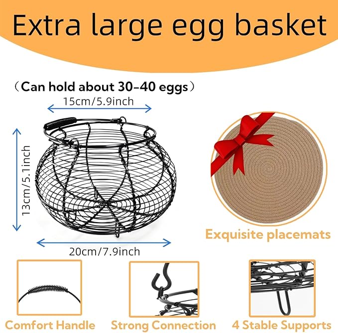 Wire Egg Basket for Gathering Fresh Eggs with Handle | Metal Egg Holder Countertop | Farm Fresh Egg Collecting Basket and Storage Holder | Suitable for Kitchen, Countertop and Farm