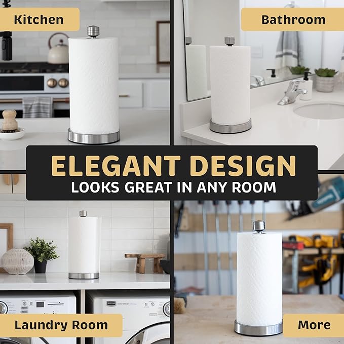Dear Household Stainless Steel Paper Towel Holder Easy One-Handed Operation - This Sturdy Weighted Paper Towel Dispenser Countertop Model Has Suction Cups and Holds All Paper Towel Rolls - Silver