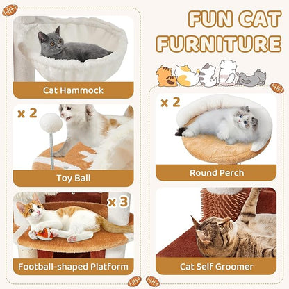 Erinnyees Cat Tree with Football Design, 74 Inches Cat Tower, Cozy Cat Cave Bed for Indoor Cats, 2 Cat Spacious Condos with Sisal Scratching Post, 5 Perches, Hammock and 2 Pompoms