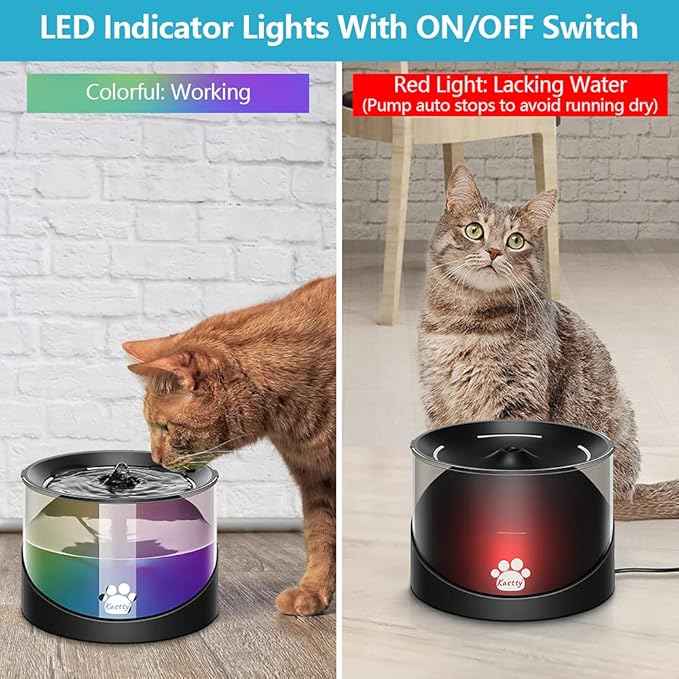 Kastty Cat Water Fountain, Pet Water Fountain for Cats Indoor, Cat Water Dispenser 2.2L/74oz, Super Quiet, Long Life Span Pump, Black+Colorful LED Light