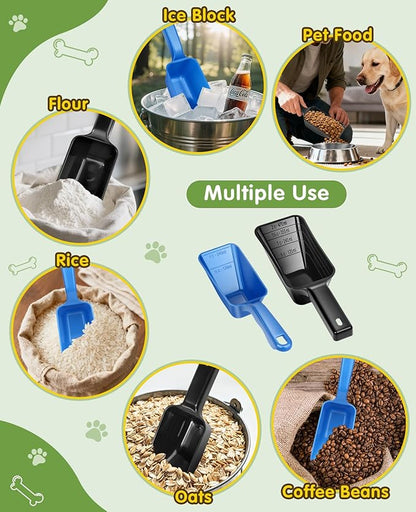 2 Pack Dog Food Scoop with 1 Cup and 2 Cup Capacity, Plastic Pet Food Measuring Scoops with Clear Measurement Lines for Dogs, Cats & More,Dishwasher safe (Blue and Black)