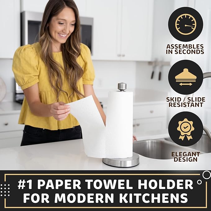 Dear Household Stainless Steel Paper Towel Holder Easy One-Handed Operation - This Sturdy Weighted Paper Towel Dispenser Countertop Model Has Suction Cups and Holds All Paper Towel Rolls - Silver