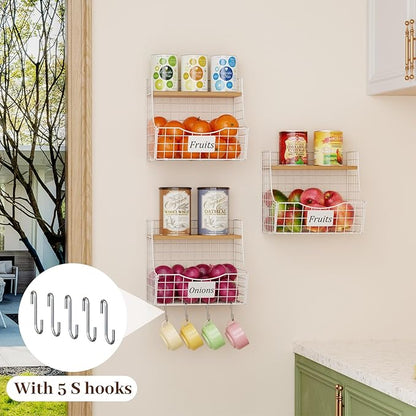 3 Pack Hanging Fruit Basket for Kitchen with Wood Lid - Onion and Potato Storage Fruit Bowl with Nameplate for Counter&Wall Mounted, Stackable Storage Basket, Metal Hanging Wire Baskets White
