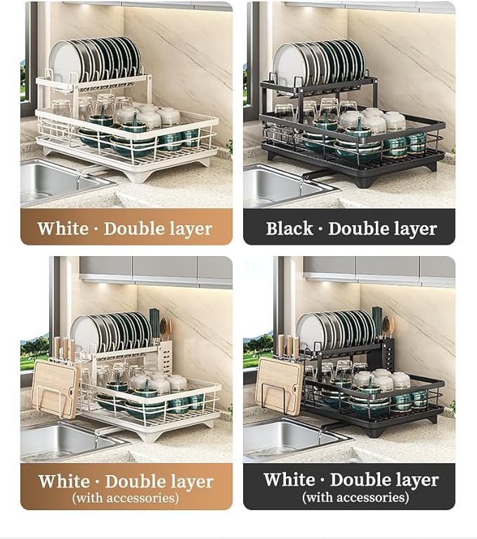 Large Dish Drying Rack for Kitchen Counter, 2-Tier Expandable Dish Drainer with Drainboard, Anti-Rust Steel Drying Rack with Cutlery Holder, Cup Holder and Storage Areas for Plates Bowls Pots