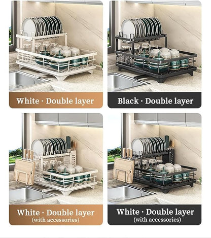 Large Dish Drying Rack for Kitchen Counter, 2-Tier Expandable Dish Drainer with Drainboard, Anti-Rust Steel Drying Rack with Cutlery Holder, Cup Holder and Storage Areas for Plates Bowls Pots