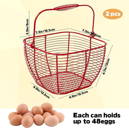 2 PCS Wire Egg Baskets for Gathering Fresh Eggs with Handle 7 Inch Red Square Metal Chicken Duck Eggs Collecting Countertop Basket Egg Holder Farmhouse Fruit Storage Container