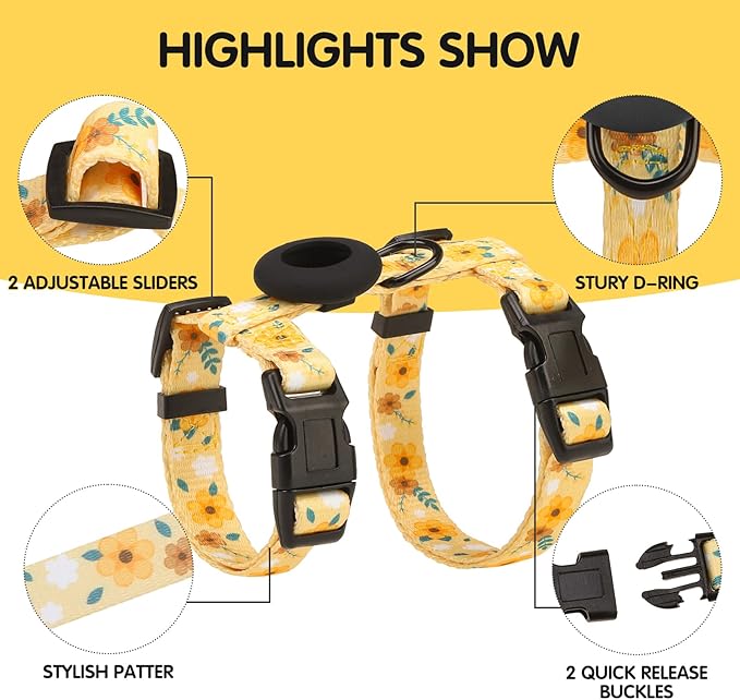 BINGPET Cat Harness with Airtag Holder, Cat Harness and Leash Set Escape Proof for Walking Travel Outdoor, Soft Adjustable Kitten Harnesses for Small Medium Large Cats, Yellow Flower(Chest:12.5"-18")