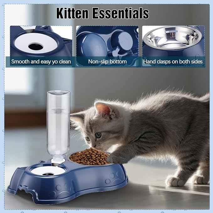 Eccliy Kitten Starter Kit, 10 Pcs Cat Starter Kit for Indoor Cats Kitten Essentials Includes Litter Box, Pet Toy, Folding Carrier, Climbing Frame, Mat, Collar, Automatic Food Bowl (Classic,Dark Blue)