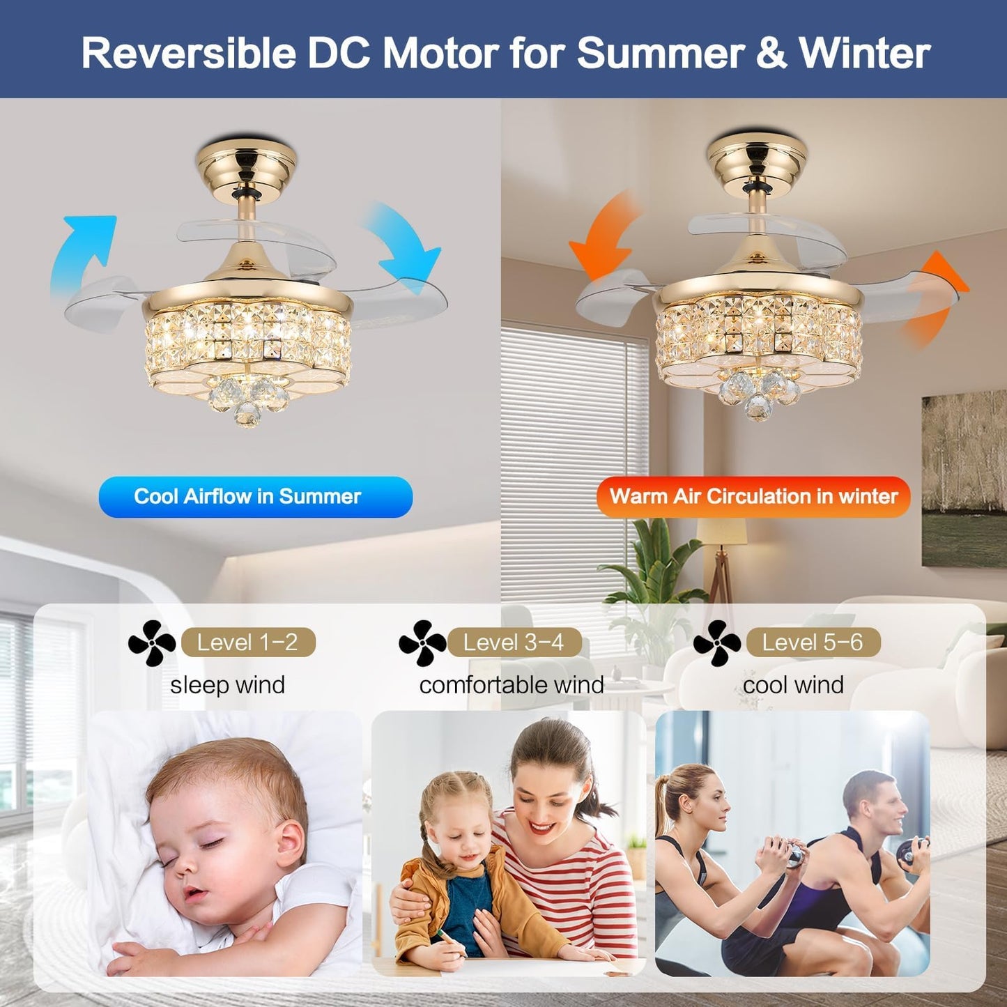 Zynfandor 30 Rgb Retractable Crystal Ceiling Fan With Light Dimmable Bluetooth Chandelier Fan, 6-Speed Timer, App Remote Control