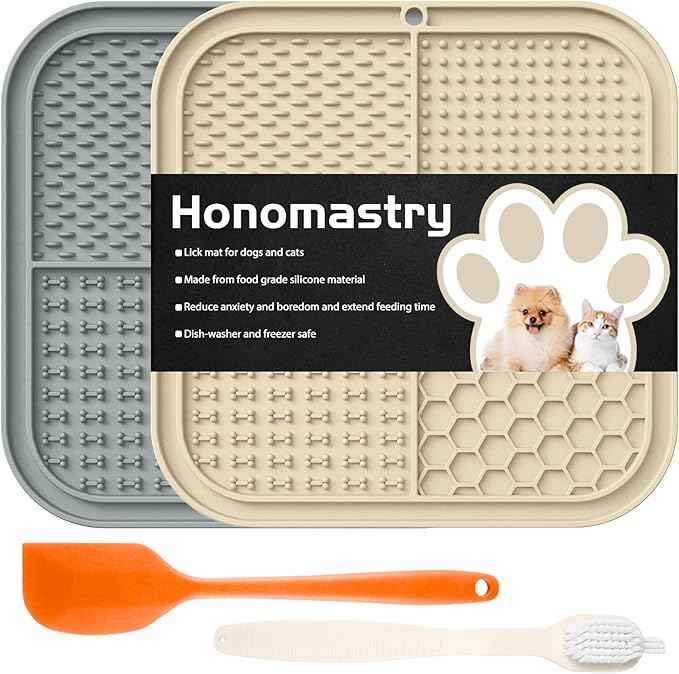 Lick Mat for Dogs, Premium Lick Pad with Suction Cups for Dog Anxiety Relief, Slow Feeder Dog Bowls, Bathing, Grooming and Training (Beige, Grey, 2pack)