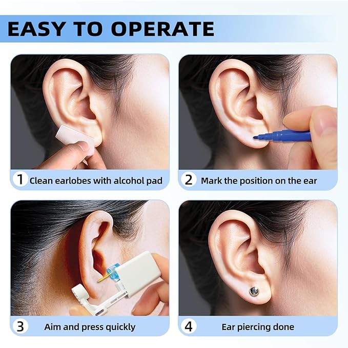Get the Perfect Ear Piercing with 24 Pcs Premium Ear Piercing Kit - Includes 8 Black CZ Stones Earrings and 8 Easy-to-Use Self Ear Piercing Gun - Safe and Painless