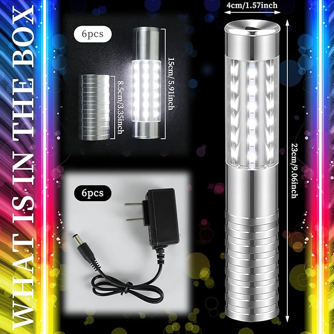 6 Pieces LED Strobe Baton Light Rechargeable Bottle Service Sparklers Stick Reusable Champagne Bottle Handheld LED for Club Stage Nightclub Party Concert Event Bar Outdoor - Silver