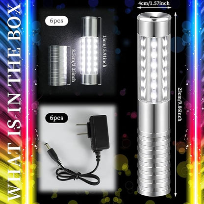 6 Pieces LED Strobe Baton Light Rechargeable Bottle Service Sparklers Stick Reusable Champagne Bottle Handheld LED for Club Stage Nightclub Party Concert Event Bar Outdoor - Silver