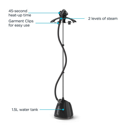 Rowenta, Steamer for Clothes, Pro Style Full Size Steamer with 45 second heat-up & Removable 50 oz Water Tank, 1500 Watts, Included Clips to Hang Clothes, Ironing, Black Clothes Steamer, IS2461