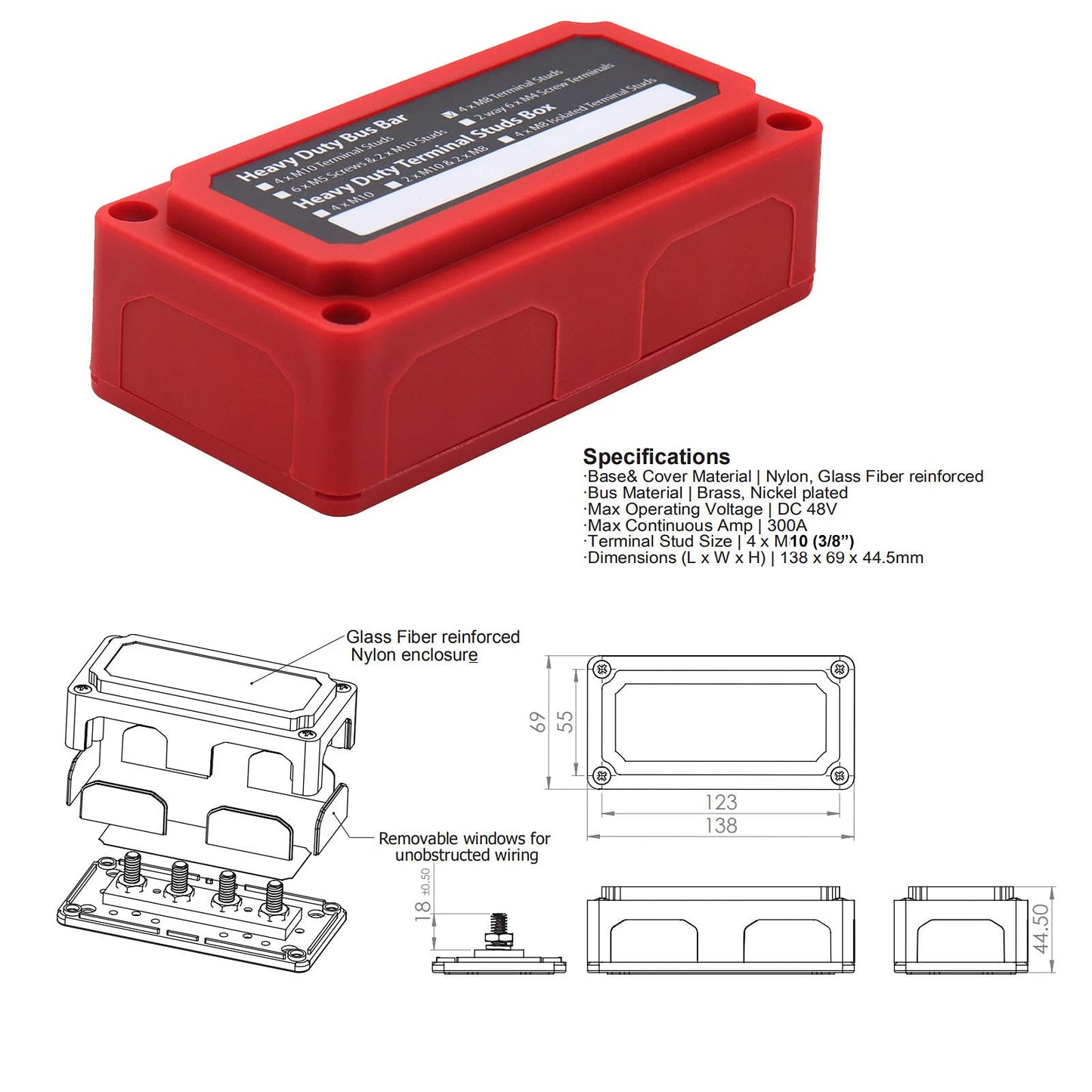 T Tocas 12V Power Distribution Powerbar Busbar 4X M10 (3/8 ) Stud, 300A (Red)