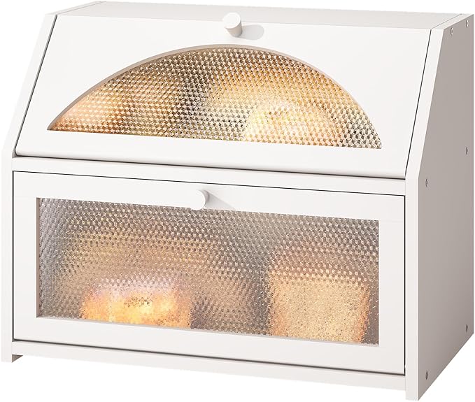Bread Box, Bamboo Wood Bread Box for Kitchen Counter, Double-layer Bread Storage Bin, Acrylic glass with Diamond Patterns (White, Large)