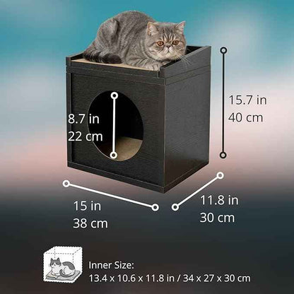 Meowdium Cat House – Cat Condo with Cardboard Scratcher, Scratching Post, Bed & Toy Storage, Cozy Cat Furniture & Accessories for Indoor Cats, Blackwood