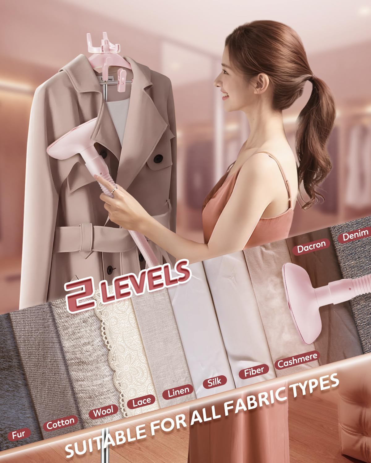 Hapyvergo Standing Garment Steamer with Ironing Pad, 2200W Steamer for Clothes, 3L Tank, 70-Min Continuous Steam, 40s Fast Heating, Adjustable Height, Drain Port Design, Universal Wheels, Pink
