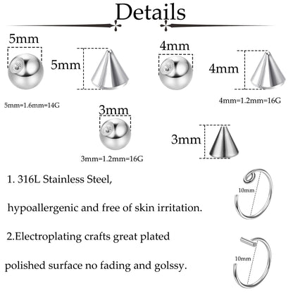 TEN MIRO Fake Eyebrow Ring Fake Lip Labret Studs Replacement Balls Spike with 100Pcs Sticker Non-Piercing Nose Rings Hoop Body Jewelry Skin 3MM 4MM 5MM(Silver)
