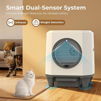 OROLEY Self Cleaning Litter Box, Large Capacity Automatic Cat Litter Box with APP Control, Safety Sensors, Built-in Deodorizing Scent Box, and 1 Roll Garbage Bags ，White