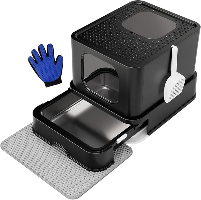 RIZZARI Stainless Steel Cat Box: Spacious Black Enclosed Top-Entry - Teflon Coated Pan Resists Sticking - Reduces Tracking & Odor - Leakproof & Easy to Clean - Fits Large Cats in Living Room Garage