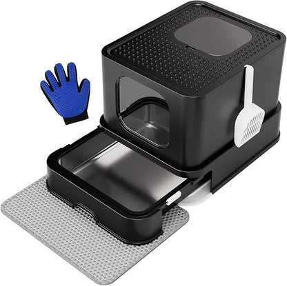 RIZZARI Stainless Steel Cat Box: Spacious Black Enclosed Top-Entry - Teflon Coated Pan Resists Sticking - Reduces Tracking & Odor - Leakproof & Easy to Clean - Fits Large Cats in Living Room Garage