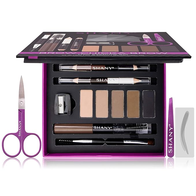 SHANY Brow Chicka Brow Eyebrow Set - 17 Piece Eyebrow Makeup Kit with Brow Powder, Brow Gel, Dual Ended Pencils, Stencils, Scissors, and Tweezers - All Hair Colors